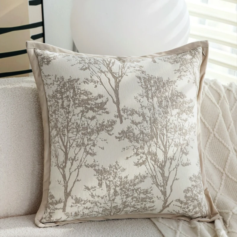 Square decorative cushion cover with fine forest pattern jacquard and velvet piping Stornfield