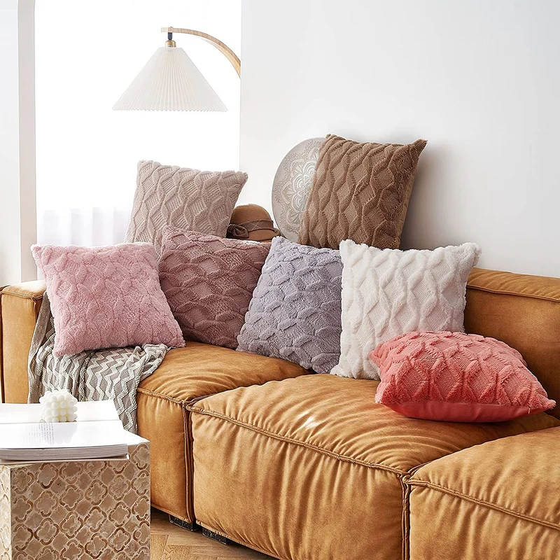 Square decorative cushion cover with three-dimensional honeycomb relief made from soft chenille fibers Stornfield