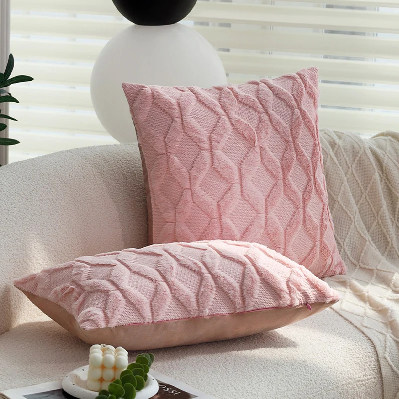Square decorative cushion cover with three-dimensional honeycomb relief made from soft chenille fibers Stornfield