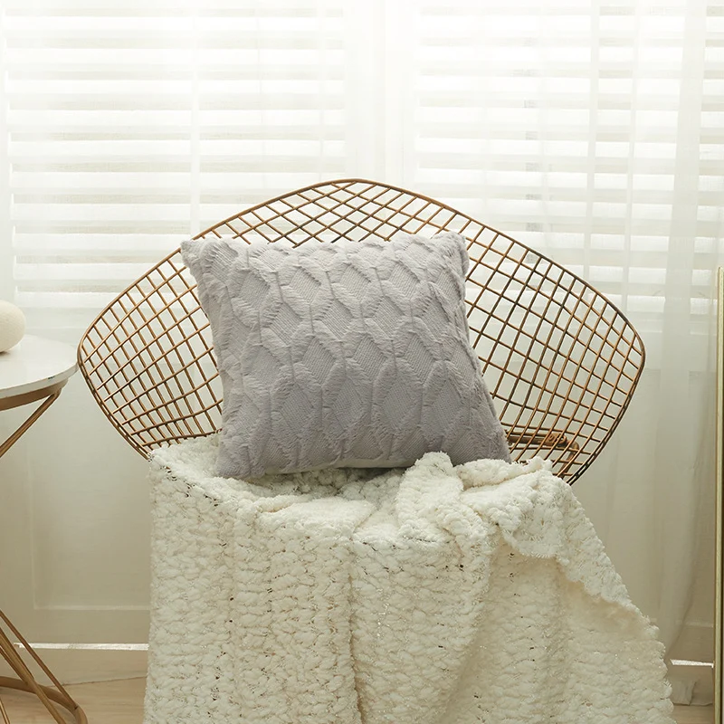 Square decorative cushion cover with three-dimensional honeycomb relief made from soft chenille fibers Stornfield