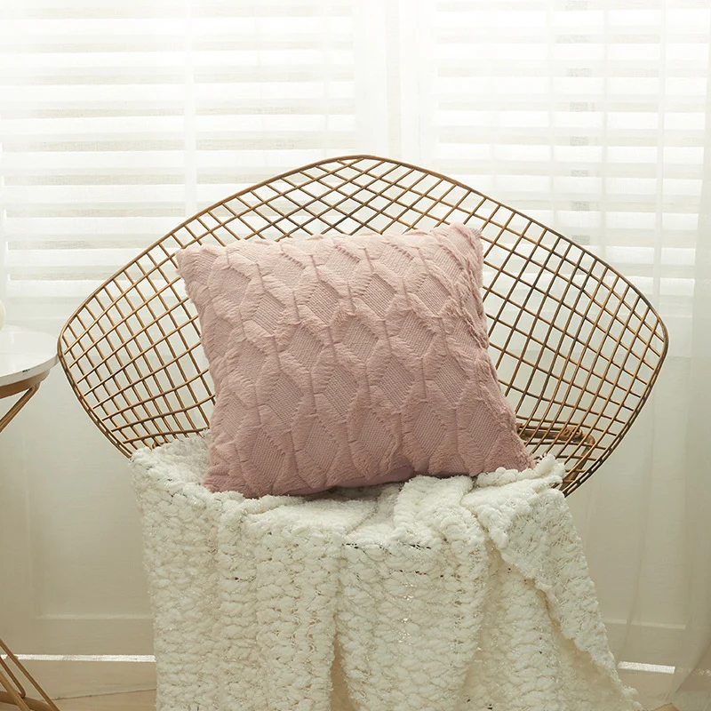 Square decorative cushion cover with three-dimensional honeycomb relief made from soft chenille fibers Stornfield