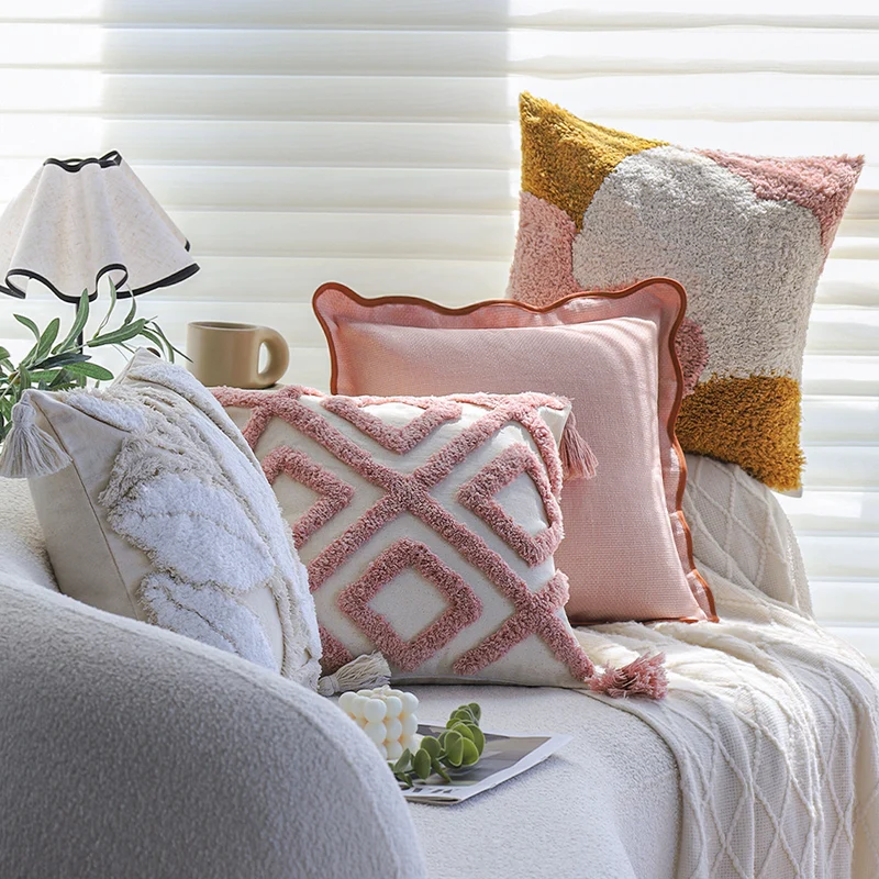 Square decorative cushion cover with wide ruffle and contrasting piping Stornfield