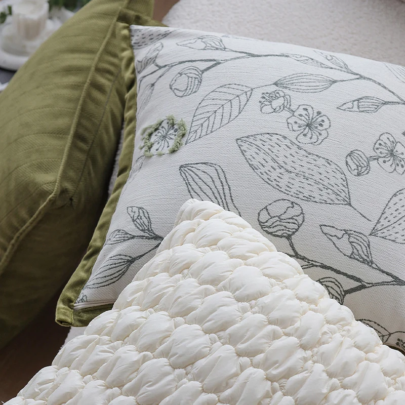 Square decorative cushion cover with botanical line embroidery and velvety piping Stornfield