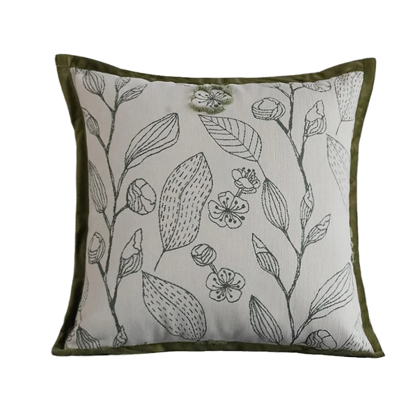 Square decorative cushion cover with botanical line embroidery and velvety piping Stornfield