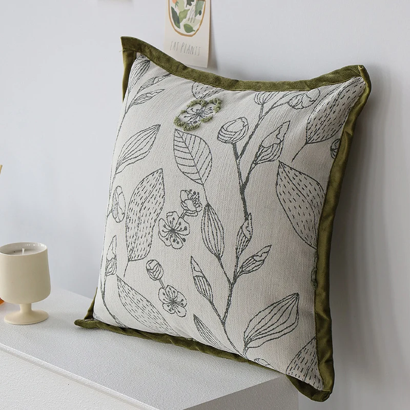 Square decorative cushion cover with botanical line embroidery and velvety piping Stornfield