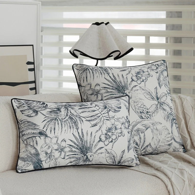 Square decorative cushion cover with botanical parrot illustration print and fine piping Stornfield