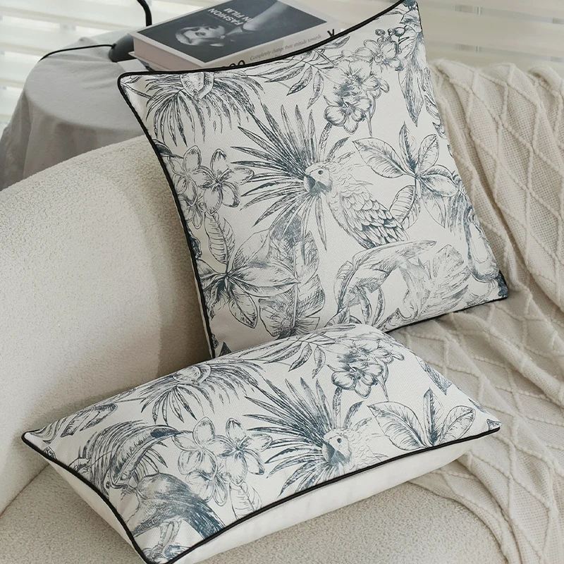 Square decorative cushion cover with botanical parrot illustration print and fine piping Stornfield