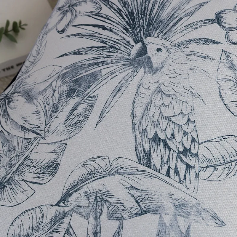 Square decorative cushion cover with botanical parrot illustration print and fine piping Stornfield