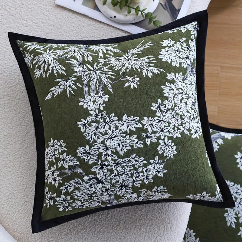 Square decorative cushion cover with embroidered floral jacquard and fine piping Stornfield