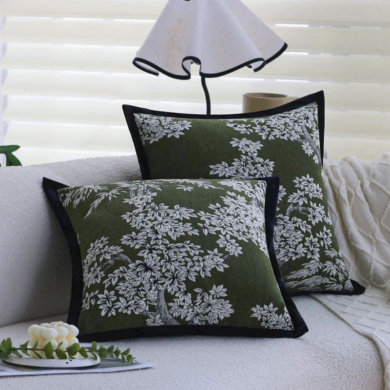 Square decorative cushion cover with embroidered floral jacquard and fine piping Stornfield