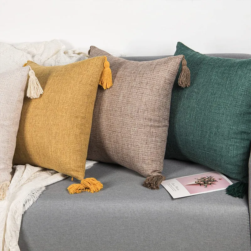 Square decorative cushion cover in linen look with corner tassels Stornfield