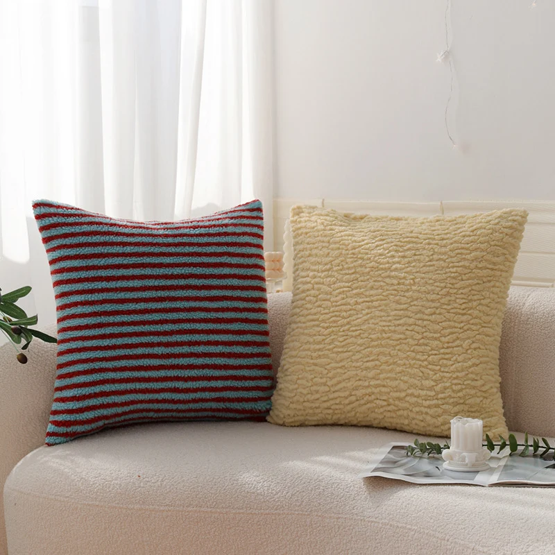 Square decorative cushion cover in striped teddy bouclé look with soft micro plush Stornfield