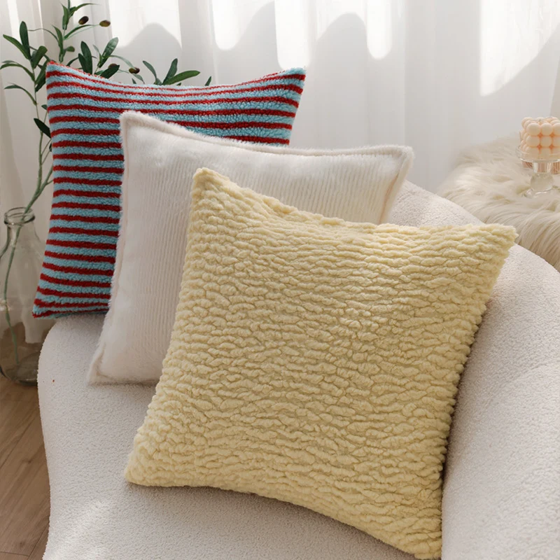 Square decorative cushion cover in striped teddy bouclé look with soft micro plush Stornfield