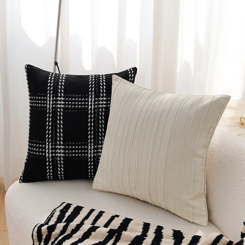 Square decorative cushion cover in tweed look with woven plaid texture and fine boucle feel Stornfield