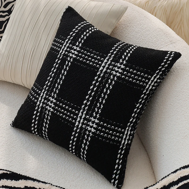 Square decorative cushion cover in tweed look with woven plaid texture and fine boucle feel Stornfield