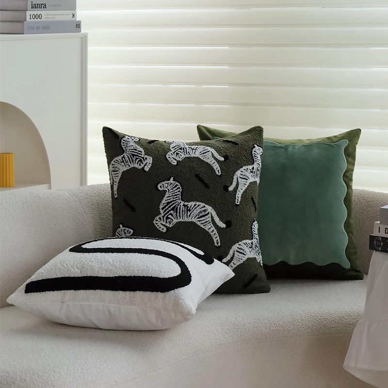 Square decorative cushion cover in teddy bouclé with raised zebra tuft appliqué Stornfield