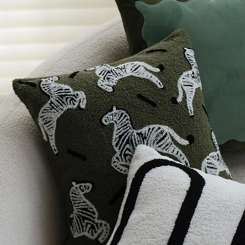 Square decorative cushion cover in teddy bouclé with raised zebra tuft appliqué Stornfield