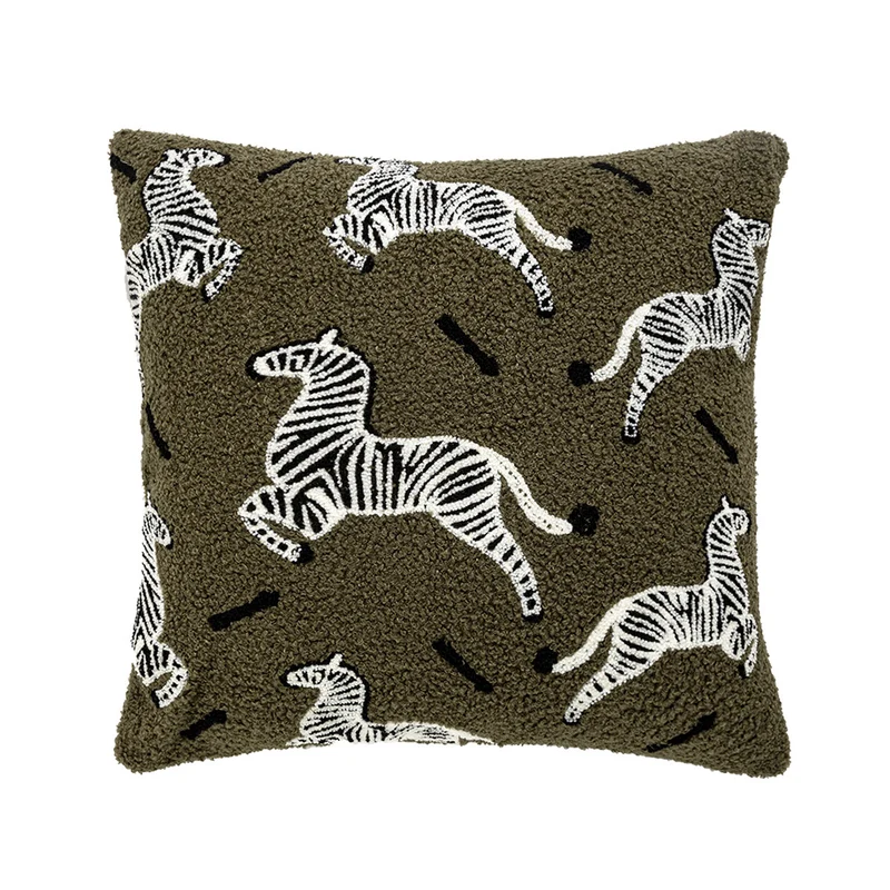 Square decorative cushion cover in teddy bouclé with raised zebra tuft appliqué Stornfield