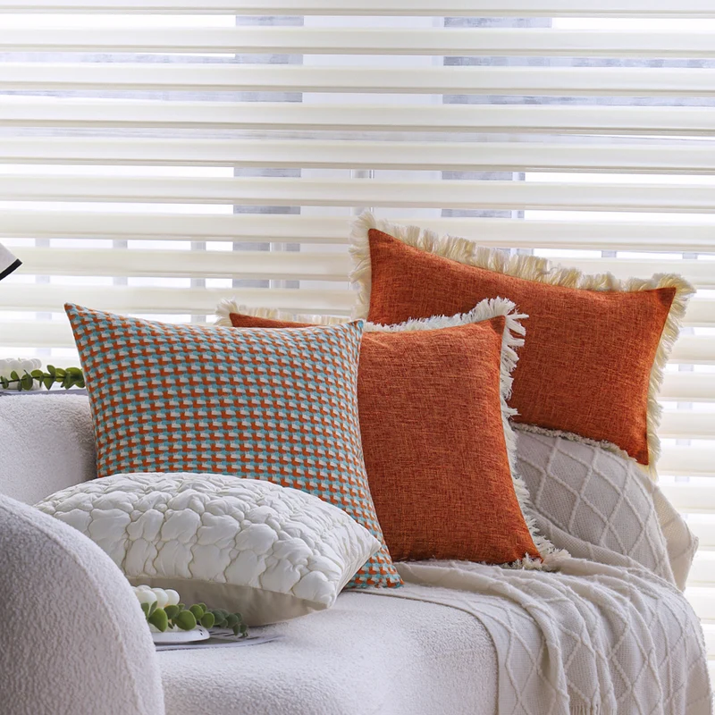 Square decorative cushion cover in modern tweed look with fine fringe trim Stornfield