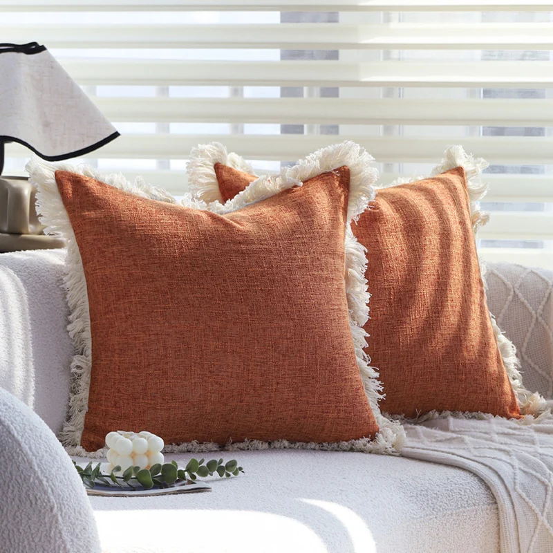 Square decorative cushion cover in modern tweed look with fine fringe trim Stornfield