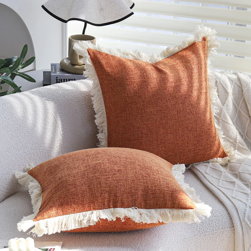 Square decorative cushion cover in modern tweed look with fine fringe trim Stornfield