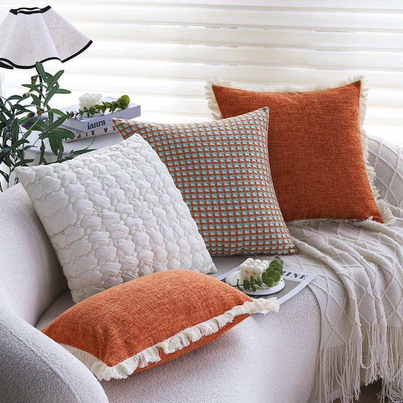 Square decorative cushion cover in modern tweed look with fine fringe trim Stornfield