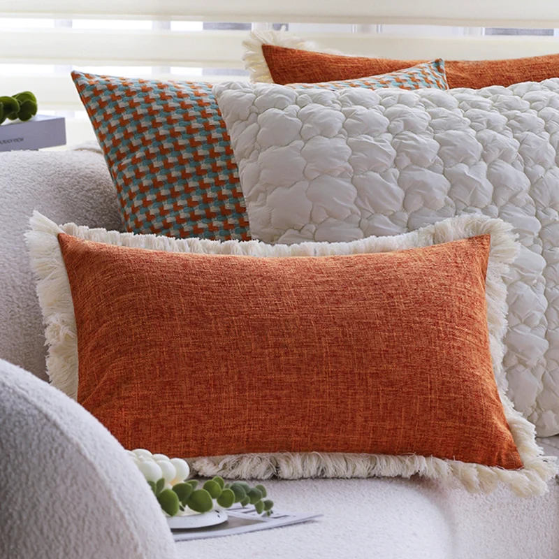 Square decorative cushion cover in modern tweed look with fine fringe trim Stornfield