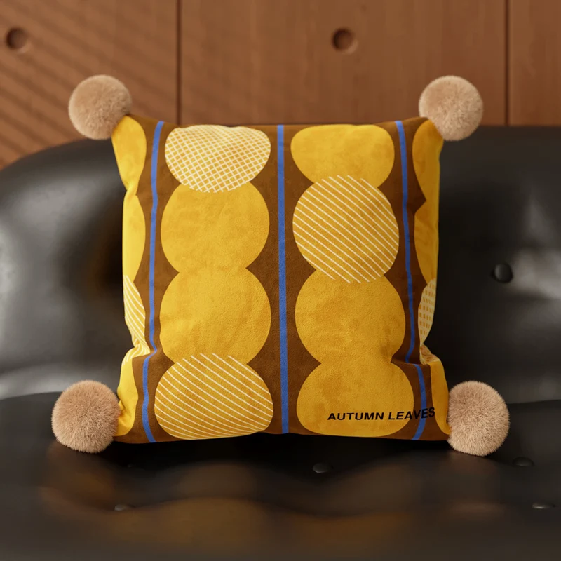 Velvet Geometric Pom-Pom Accent Cushion