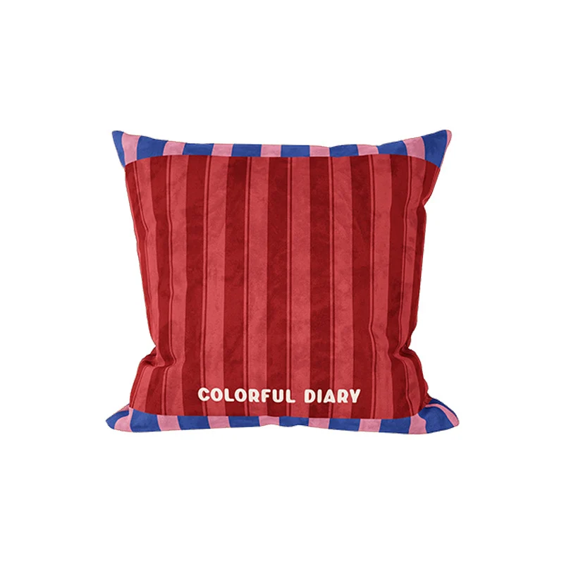 Striped Velvet Square Throw Pillow Cover with Contrast Border and Embroidered Slogan