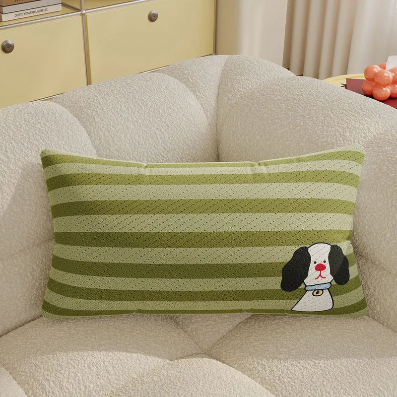 Striped Knit Lumbar Pillow Cover with Embroidered Cartoon Dog Accent