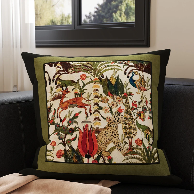 Square Velvet Accent Pillow Cover with Vintage Botanical Tapestry Print and Contrast Border