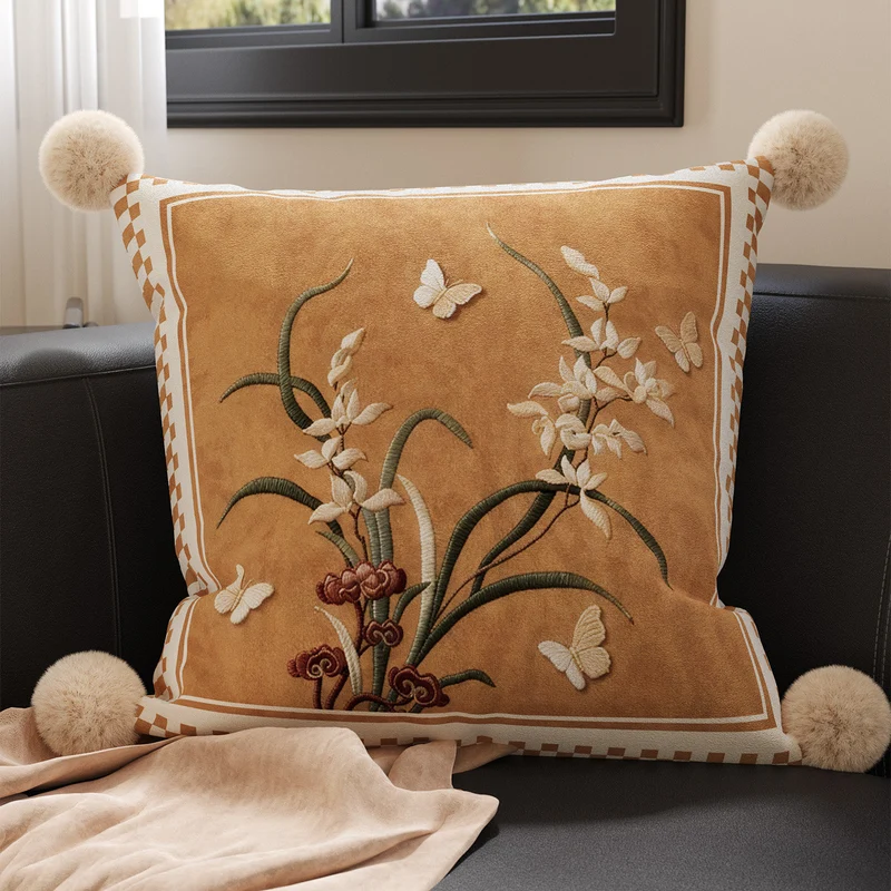 Square Plush Botanical Velvet Cushion Cover with Corner Pom-Poms and Invisible Zip