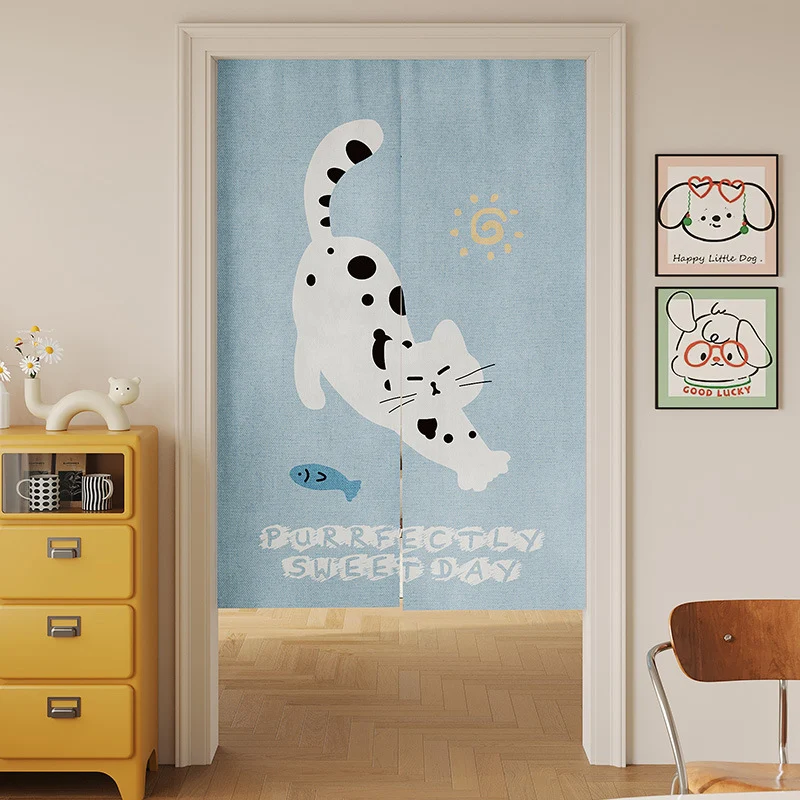 Split Noren Doorway Curtain with Cat-on-Sofa Illustration and Playful Yarn Motif