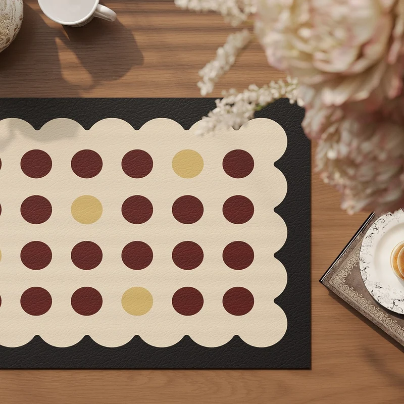 Scalloped Faux-Leather Dining Placemat with Polka Dot Texture
