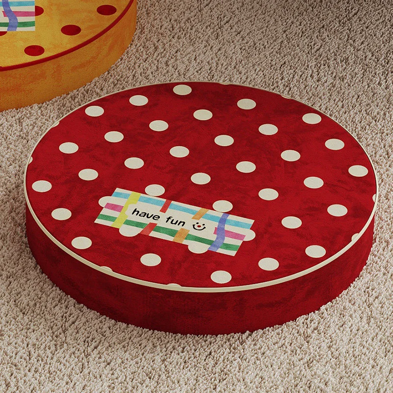 Round Plush Floor Cushion Pouf with Polka Dot Texture and Playful Have Fun Patch