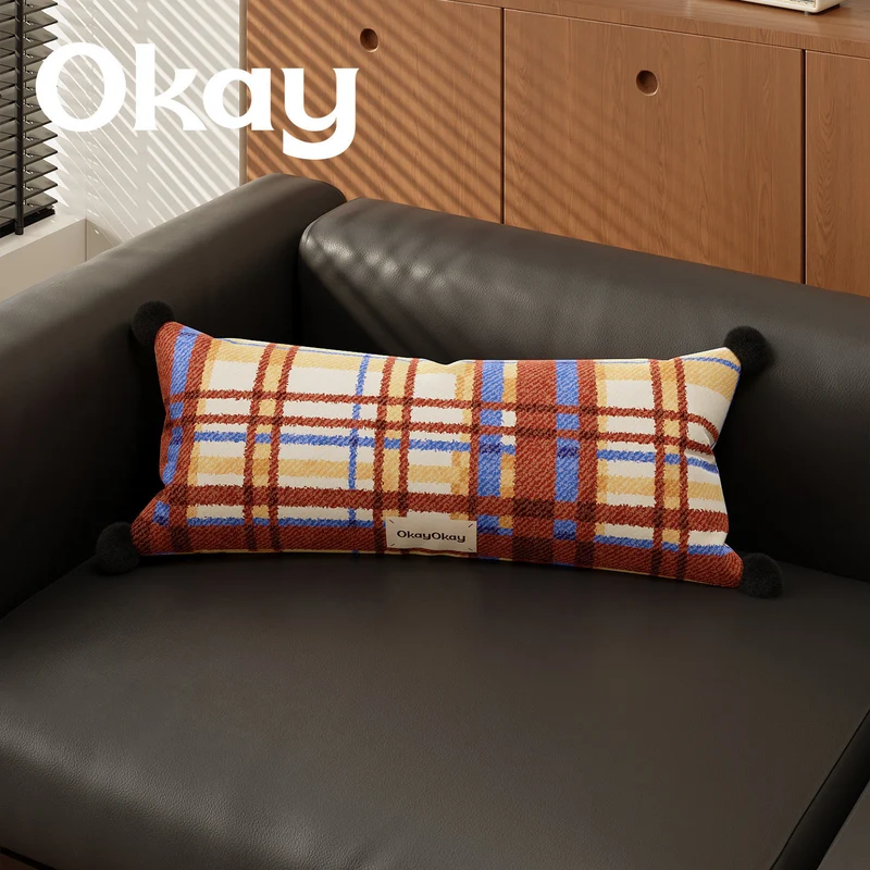 Rectangular Plaid Pom-Pom Lumbar Pillow Cover