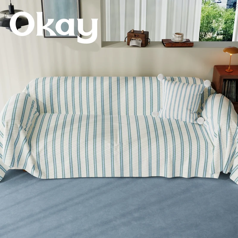 Quilted Striped Reversible Sofa Slipcover with Pom-Pom Accent Pillow