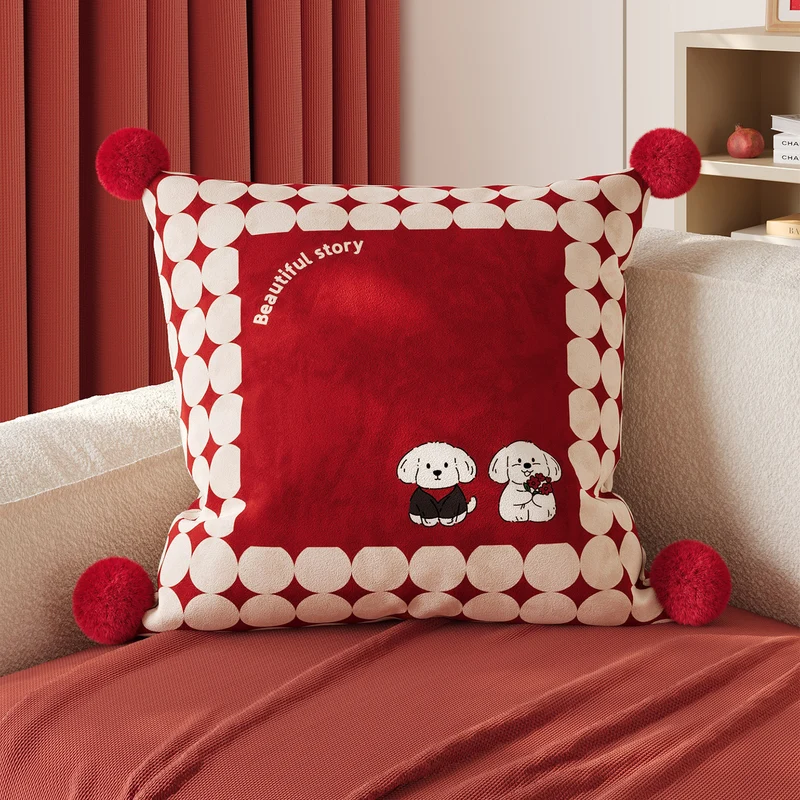 Polka Dot Bouclé Cushion Cover with Faux-Fur Pom-Pom Corners and Gift Bow Motif