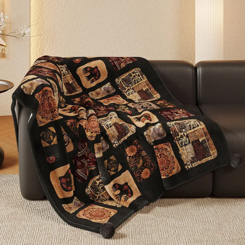 Plush Patchwork Velvet Throw Blanket with Pom-Pom Corners