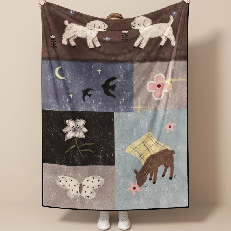 Patchwork Illustrated Plush Throw Blanket with Fleece Backing and Whimsical Animal Panels