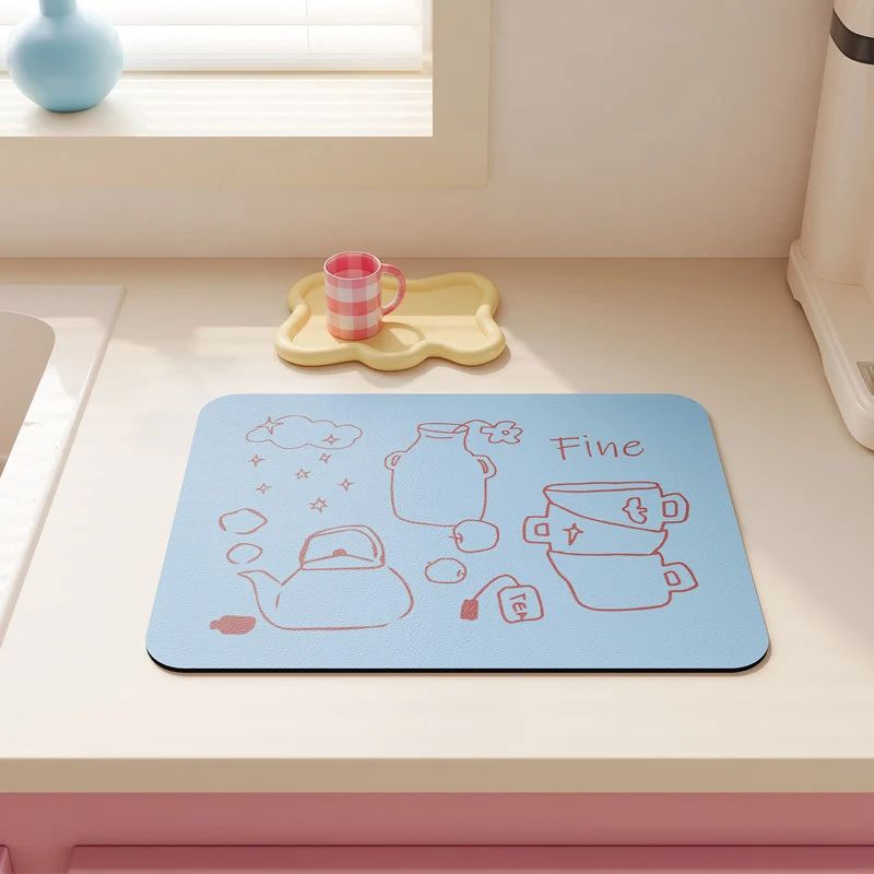 Non-Slip Heat-Resistant Kitchen Dish Drying Mat with Cute Tea Doodle Print