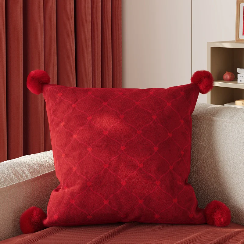 Luxurious Velvet Pom-Pom Throw Pillow with Jacquard Heart Pattern