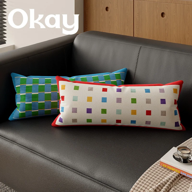 Long Lumbar Velvet Pillow Cover with Checkerboard Textured Panel and Hidden Zipper