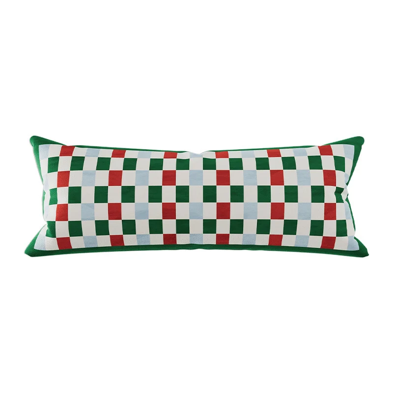 Long Lumbar Velvet Pillow Cover with Checkerboard Textured Panel and Hidden Zipper