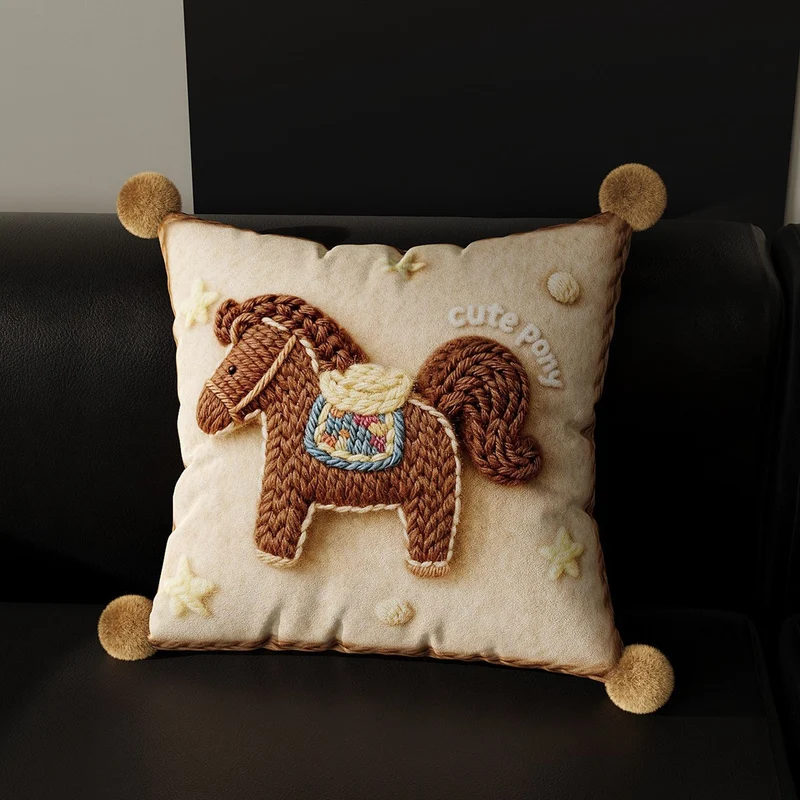 Embroidered Pony Pom-Pom Accent Throw Pillow Cover with Plush Appliqué