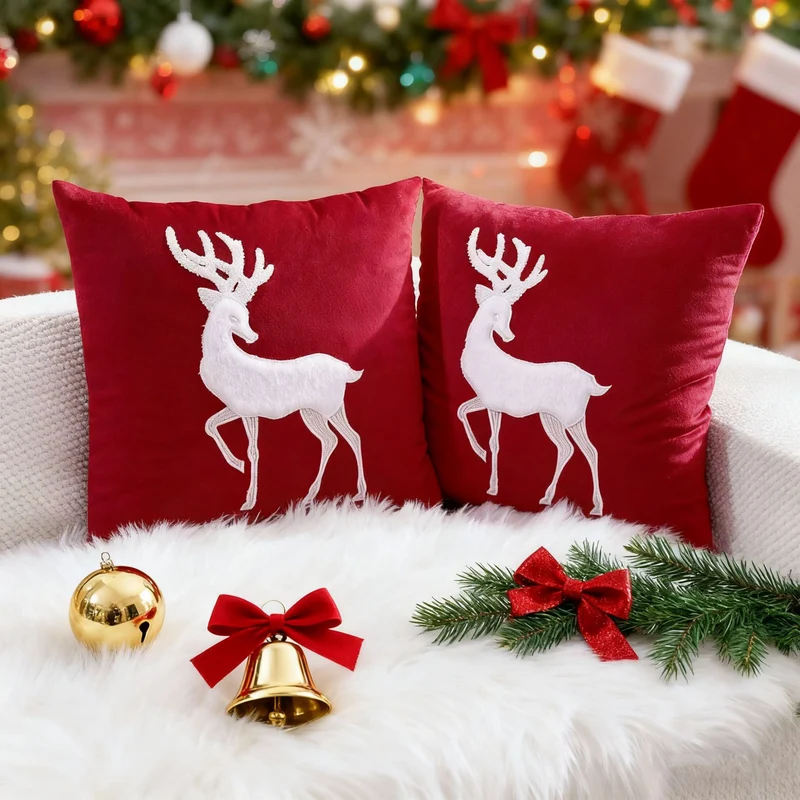 Festive Velvet Rentier Applikation Quadratisches Kissenbezug mit Unsichtbarem Reißverschluss
