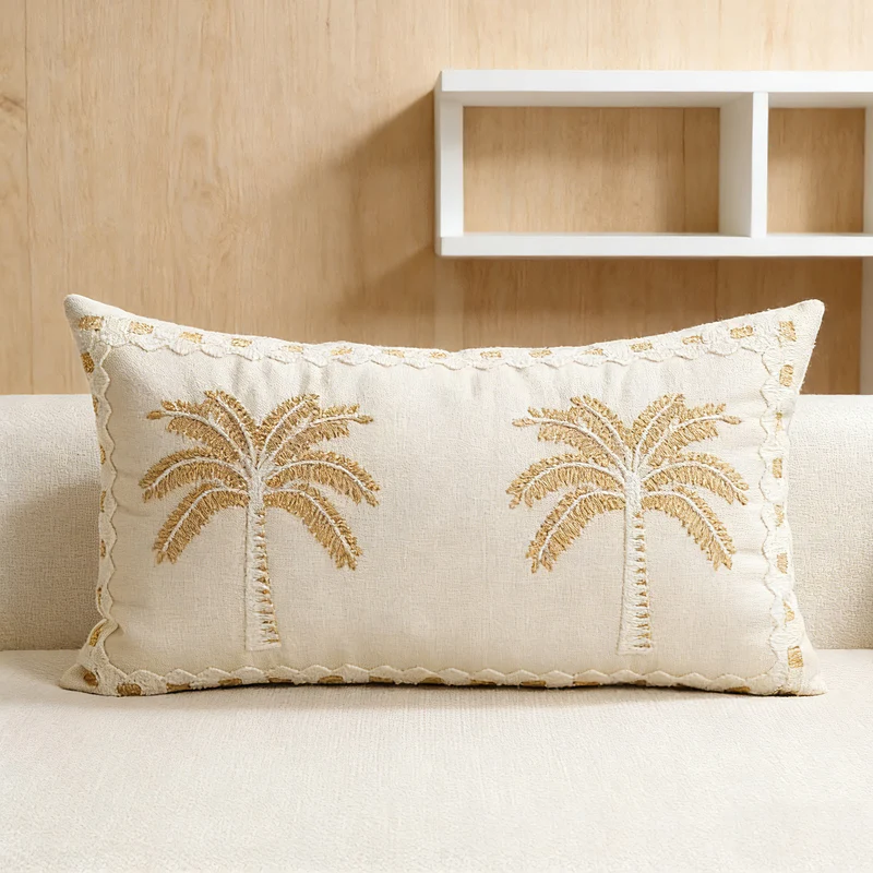 Besticktes Palm-Leinen Dekoratives Wurfkissen