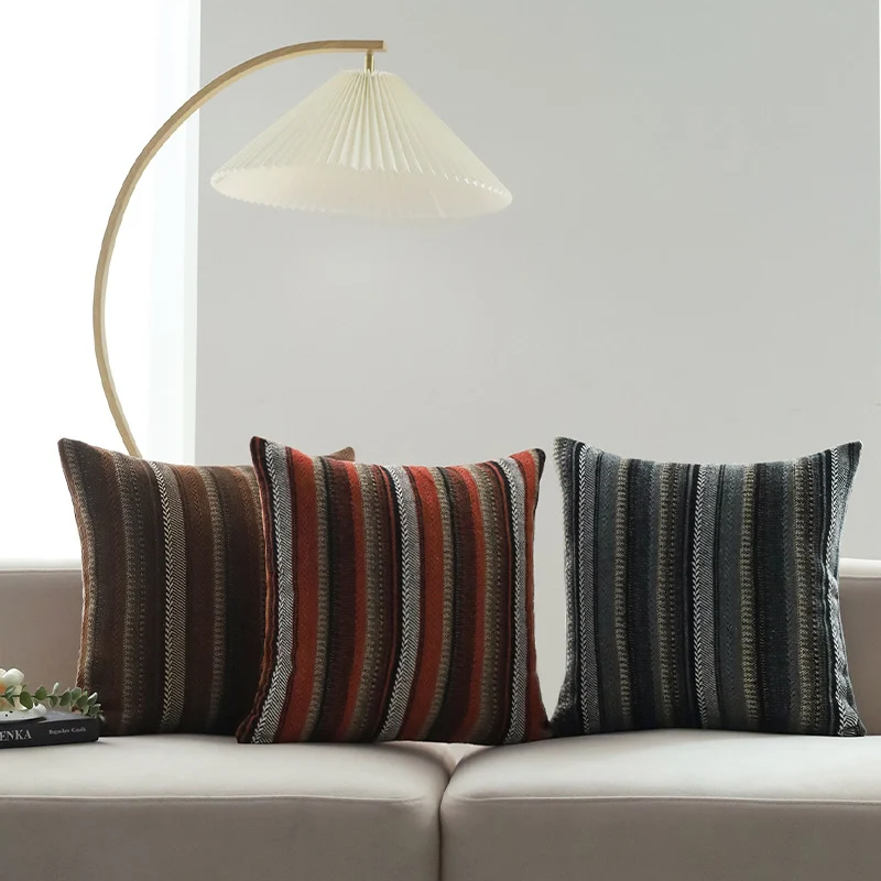 Square cushion cover with woven stripe and chenille structure Stornfield