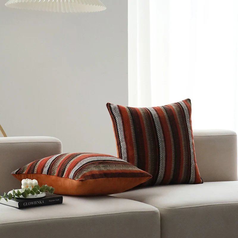 Square cushion cover with woven stripe and chenille structure Stornfield