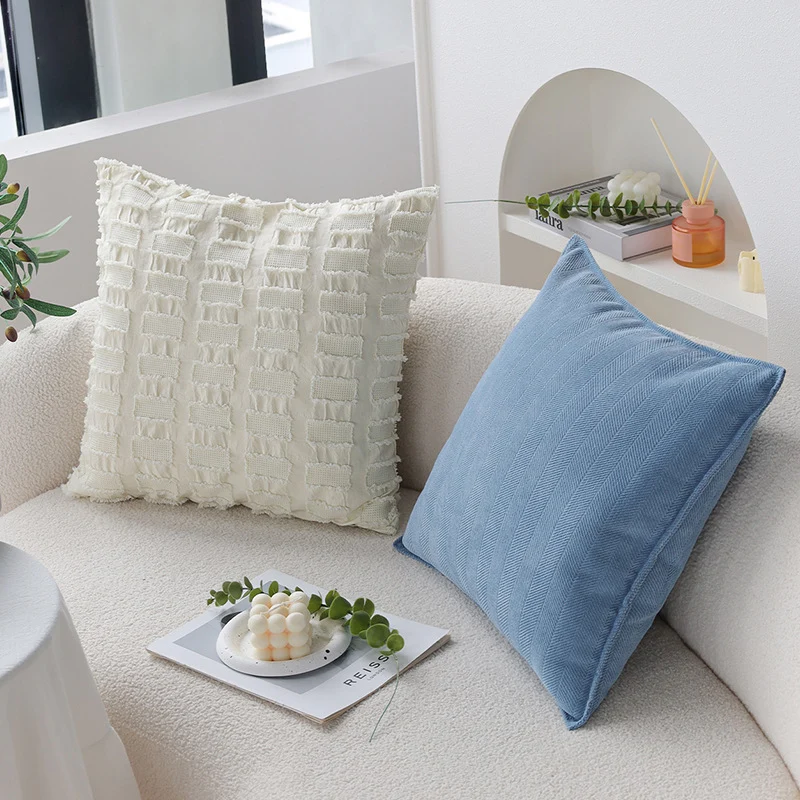 Square pillowcase with woven rectangular relief and frayed texture Stornfield